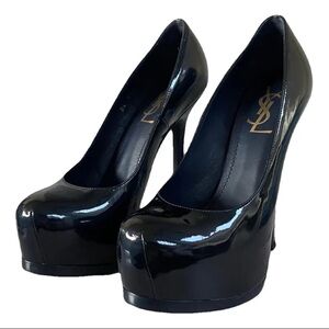 Yves Saint Laurent Glossy Patent Leather Black Blue Tribute Platform Heels Sz 39